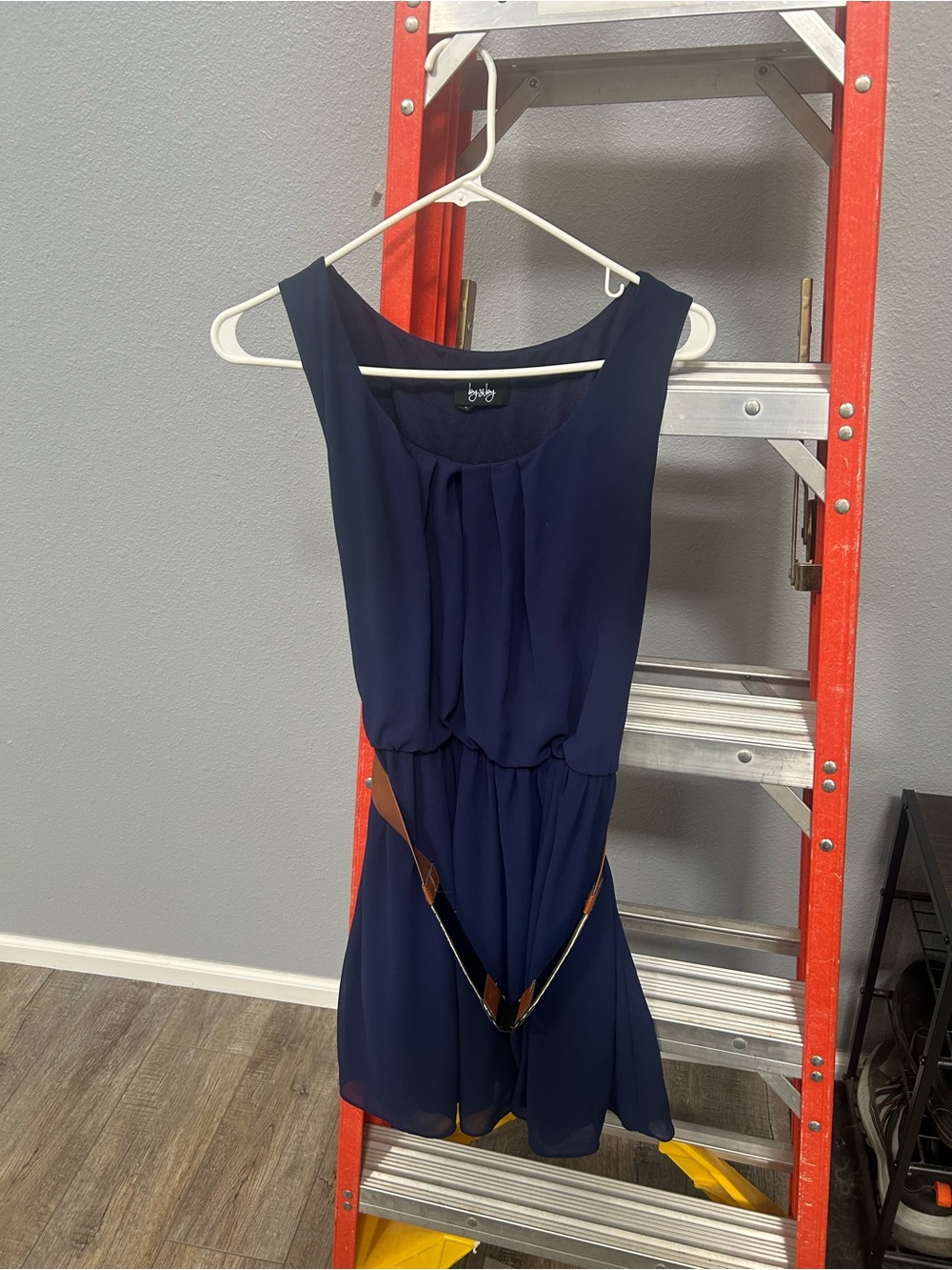 by & by Navy Sleeveless Mini Dress with Brown Belt